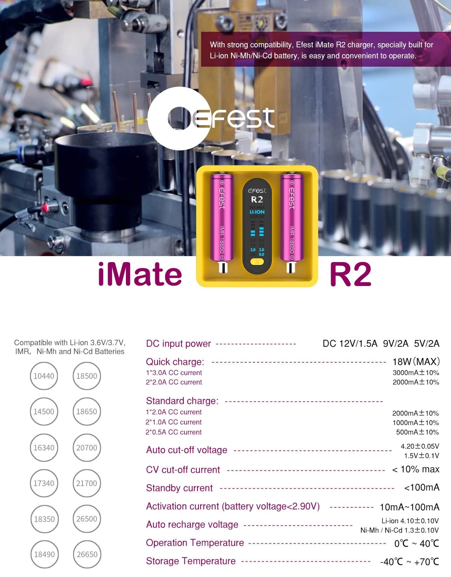 Vista frontal del cargador Efest iMate R2 con conexión USB-C y dos ranuras para baterías